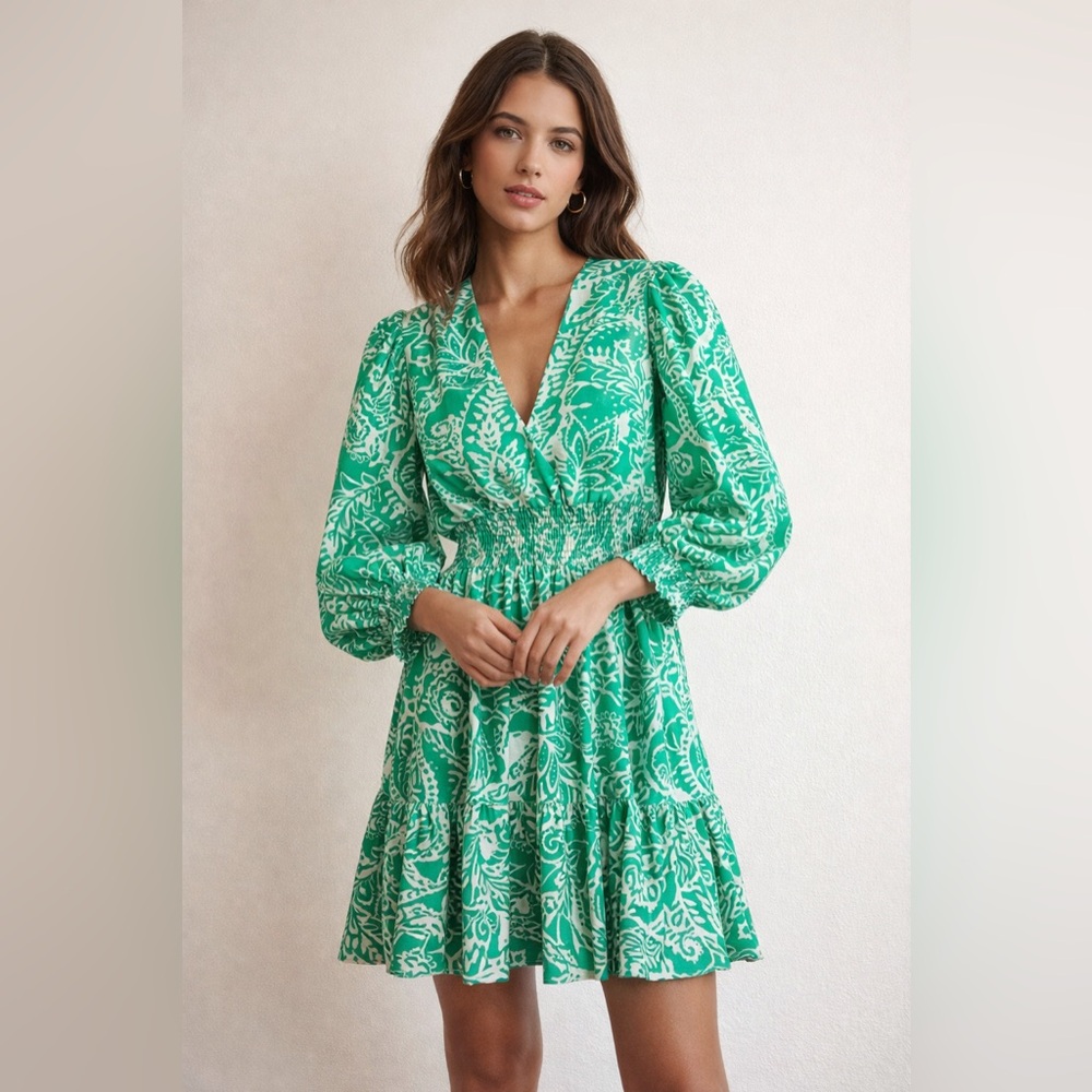 Zara Linen Green and White Paisley Pattern Dress